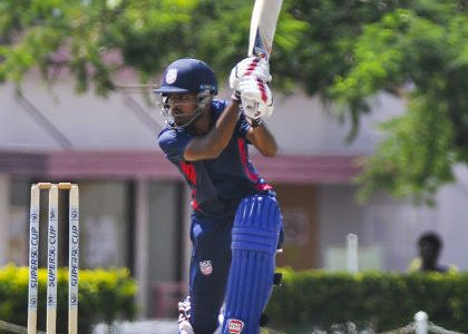 Monank Patel drives during his maiden hundred against Jamaica Scorpions at 3W’s Oval yesterday. (Photo courtesy CWI Media)
