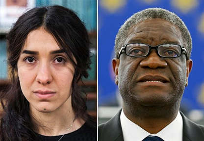 A combination picture shows the Nobel Prize for Peace 2018 winners: Yazidi survivor Nadia Murad posing for a portrait at United Nations headquarters in New York, U.S., March 9, 2017 (L) and Denis Mukwege delivering a speech during an award ceremony to receive his 2014 Sakharov Prize at the European Parliament in Strasbourg November 26, 2014. (Reuters photo) 