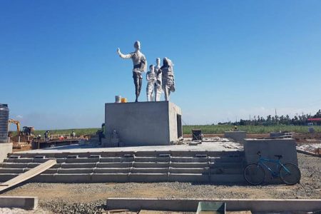 The sculptures facilitated by the Government of India for the   Indian Immigration monument at Palmyra, Corentyne have been set in place. Works were delayed last year when the base for the structure collapsed in April. (Ministry of Public Infrastructure photo) 