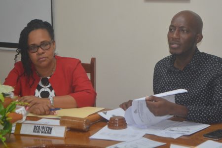 REO Pauline Lucas (left) and acting Chairman of the RDC meeting, Councillor Ryan Belgrave addressing councillors. (Region Four photo)