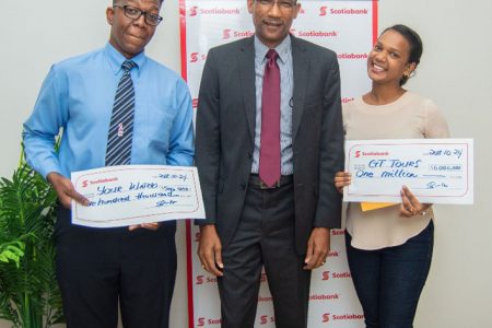 Left to right are Runner Up - Sherwin Bart of Your Waters,  Raymond Smith - Country Manager, Scotiabank Guyana and Winner of the Scotiabank Vision  Achiever  Programme  2018  - Shannita Ramnarine owner of Experience GT Tours. (Scotiabank photo)