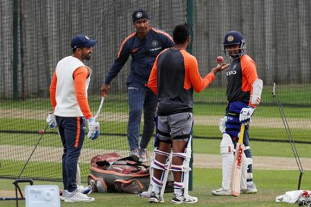 India’s Prithvi Shaw with team mates during nets. (Reuters photo)
