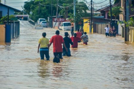 Trinidad: Villagers walk through flooded waters at Helena last week.