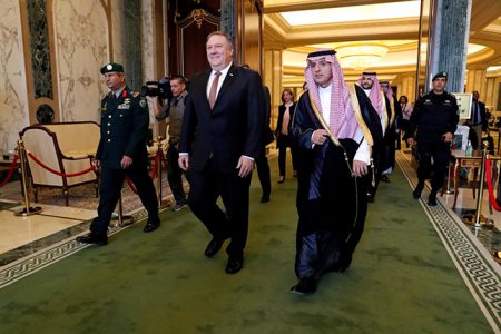 U.S. Secretary of State Mike Pompeo (second from right) walks with Saudi Foreign Minister Adel al-Jubeir  (right) in Riyadh, Saudi Arabia, October 16, 2018. REUTERS/Leah Millis/Pool