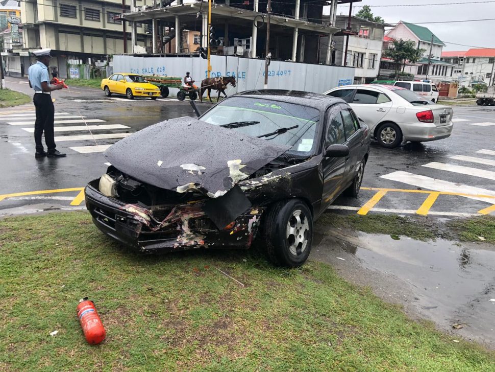 The damaged Toyota Carina 192, PHH 1573 on the intersection yesterday morning