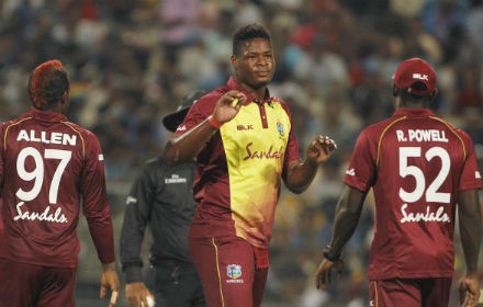 Fast bowler Oshane Thomas (centre) celebrates another wicket in Sunday’s T20 International with Fabian Allen and Rovman Powell. (Photo courtesy BCCI Media) 