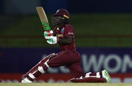 Deandra Dottin hits out during her top score of 46 against England in West Indies’ final preliminary match on Sunday.
