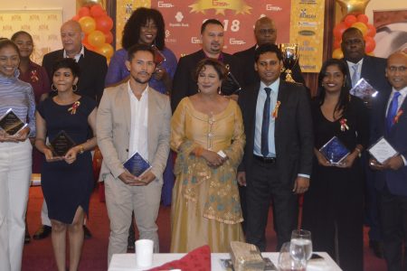 Some of the GM&SA awardees with the guest speaker for the evening, former Trinidad and Tobago Prime Minister Kamla Persad-Bissessar (at centre in front row). 