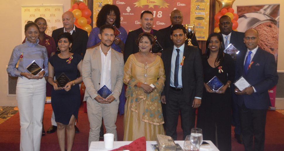 Some of the GM&SA awardees with the guest speaker for the evening, former Trinidad and Tobago Prime Minister Kamla Persad-Bissessar (at centre in front row). 