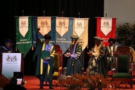 World renowned musician Edmond (Eddy) Grant celebrates after being conferred with an honourary Doctor of Letters (DLitt) degree for excellence in music and civic engagement. (Photo by Terrence Thompson)