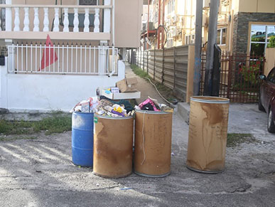 Another part of East Street where overflowing garbage bins sit on the road in front of a resident’s house waiting to be emptied. 