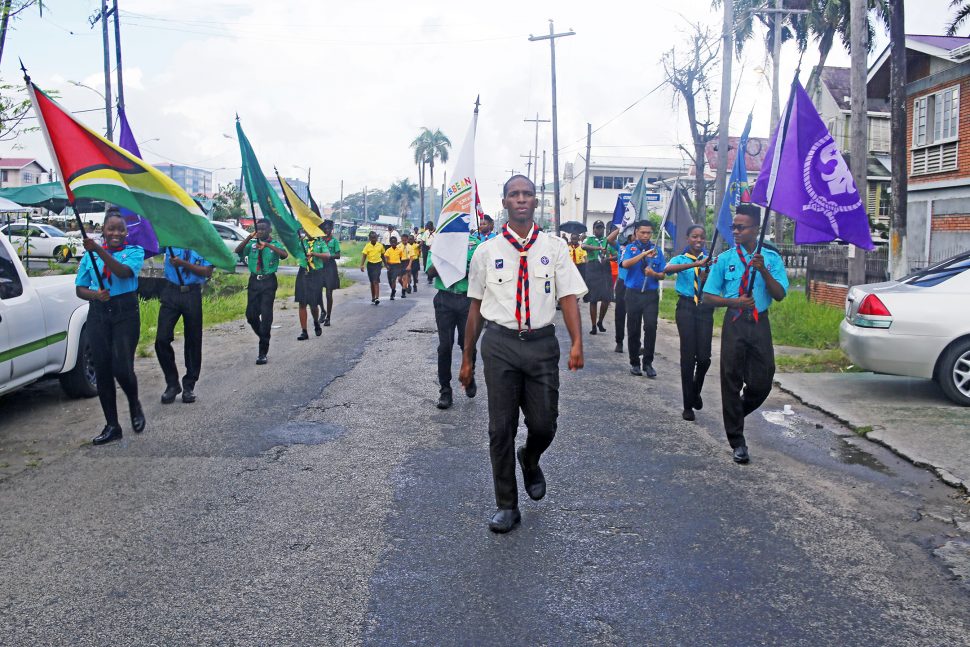 As part of the celebration of its 109th anniversary, the Scout Association of Guyana held a parade through the streets of Georgetown yesterday. Also planned in commemoration of the activity is a two-day camp at the Scout Association’s headquarters on Woolford Avenue. (Photo by Terrence Thompson)
