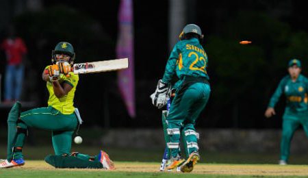  Masabata Klaas of South Africa misses a swing and is bowled during the official ICC warm-up against Pakistan. (Photo courtesy ICC Media)
