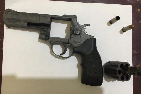 The .38 revolver, single live round and single spent shell that were found on the passenger of a bus that was stopped along the Soesdyke-Linden Highway