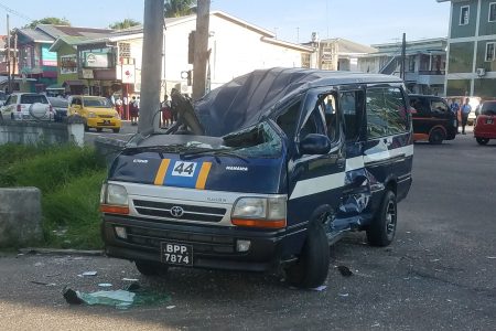 The damaged minibus BPP 7874 at the Camp and Lamaha streets intersection 