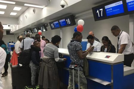 Major US carrier American Airlines last night began its service to Guyana. Here passengers were checking in for the outbound flight to Miami early this morning. (CJIA Facebook page)