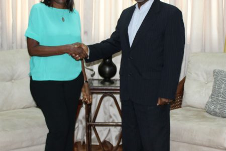 Vice President and Minister of Foreign Affairs Carl Greenidge (right) yesterday bade farewell to outgoing Ambassador of the Bolivarian Republic of Venezuela, Reina Margarita Arratia Diaz. A Ministry of Foreign Affairs statement said that during her final courtesy call on the Foreign Minister, the Ambassador said that she was appreciative of her time spent in Guyana.  Arratia Diaz’s tenure here coincided with a sharp deterioration of relations between Guyana and Venezuela occasioned by the issuing by Caracas in May 2015 of a maritime decree claiming the area where ExxonMobil had earlier that year announced a major oil find. (Ministry of Foreign Affairs photo)