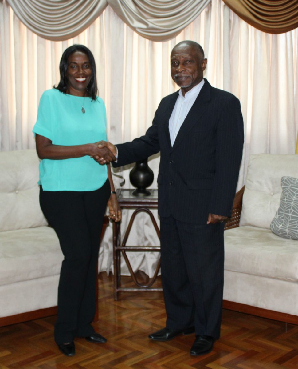 Vice President and Minister of Foreign Affairs Carl Greenidge (right) yesterday bade farewell to outgoing Ambassador of the Bolivarian Republic of Venezuela, Reina Margarita Arratia Diaz. A Ministry of Foreign Affairs statement said that during her final courtesy call on the Foreign Minister, the Ambassador said that she was appreciative of her time spent in Guyana.  Arratia Diaz’s tenure here coincided with a sharp deterioration of relations between Guyana and Venezuela occasioned by the issuing by Caracas in May 2015 of a maritime decree claiming the area where ExxonMobil had earlier that year announced a major oil find. (Ministry of Foreign Affairs photo)

