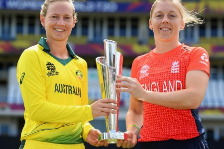 The two captains, Australia’s Meg Lanning (left) and England’s Heather Knight pose with the Women’s T20 world Cup trophy ahead of today’s clash
