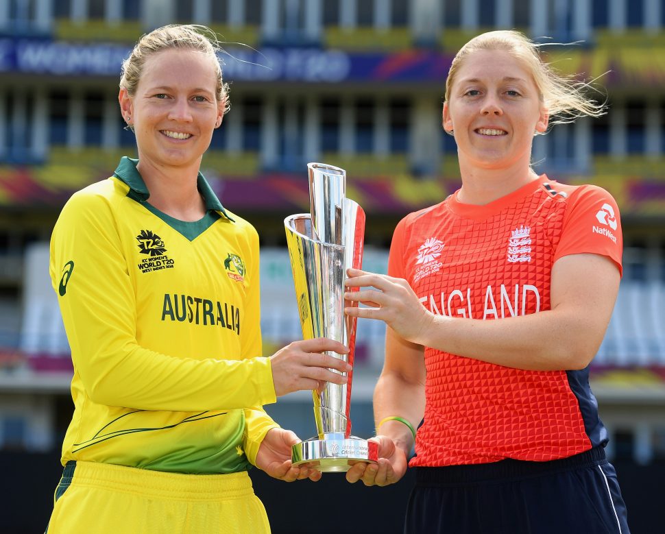 The two captains, Australia’s Meg Lanning (left) and England’s Heather Knight pose with the Women’s T20 world Cup trophy ahead of today’s clash
