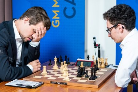 World chess champion Magnus Carlsen (left) reacts at the 2018 Sinquefield Chess Tournament in August during his much-awaited encounter with Fabiano Caruana. Carlsen had a winning game but misplayed the position and gave Caruana a draw. The world championship match between Carlsen and Caruana began on Friday.
