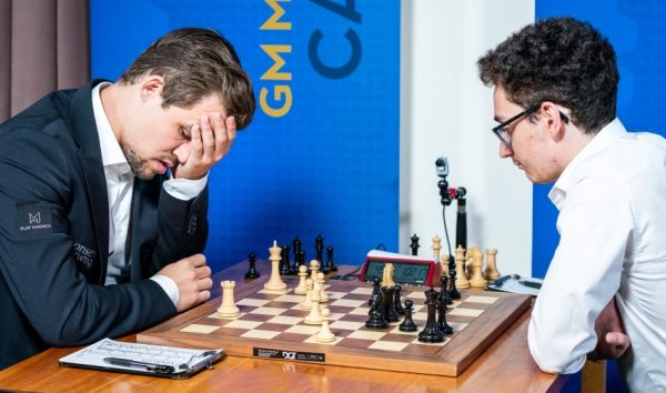 World chess champion Magnus Carlsen (left) reacts at the 2018 Sinquefield Chess Tournament in August during his much-awaited encounter with Fabiano Caruana. Carlsen had a winning game but misplayed the position and gave Caruana a draw. The world championship match between Carlsen and Caruana began on Friday.
