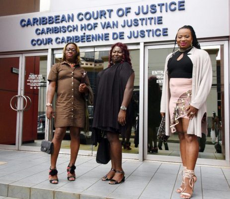 From left are Angel Clarke, Quincy McEwan and Peaches Fraser who filed the matter before the Caribbean Court of Justice’s (CCJ).