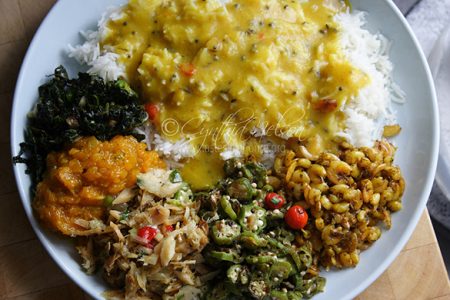 Balance the salt in composed meals - Dhal, Rice, Vegetables and Seafood (Photo by Cynthia Nelson)