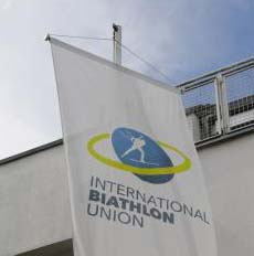 The flag of the International Biathlon Union (IBU) is seen outside its headquarters in Salzburg, Austria, April 12, 2018. (Reuters photo)
