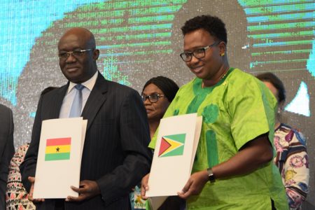 Minister of Aviation of Ghana, Joseph Kofi Adda and Minister within the Ministry of Public Infrastructure, Annette Ferguson with the signed agreements. (Department of Public Information photo)