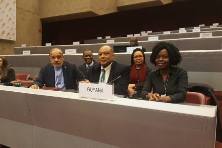 Members of the Guyanese delegation: From left in the front row are Ambassador and Permanent Representative of Guyana to the United Nations Office and other International Organisations at Geneva Dr. John Ford, Minister of Natural Resources Raphael Trotman and Ministry of Natural Resources Project Officer Mariscia Charles. From left in the second row are Guyana Geology and Mines Commission representative Carlos Todd and Environmental Protection Agency representative Felicia Adams-Kellman. (Ministry of Natural Resources photo)
