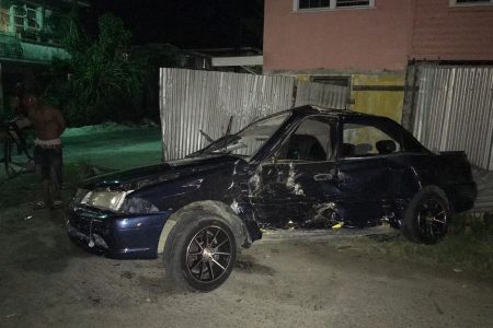 An accident at Middle Road and Hunter Street on Sunday night left this car mangled and its passengers suffering injuries. At around 9 pm, Stabroek News was told that the car was proceeding on Hunter Street when a Toyota Tacoma 4X4 crashed into it at the intersection. At the scene, broken beer bottles were removed from the 4X4 and residents said the driver of the motor car was taken into police custody while the other driver fled the scene. 
