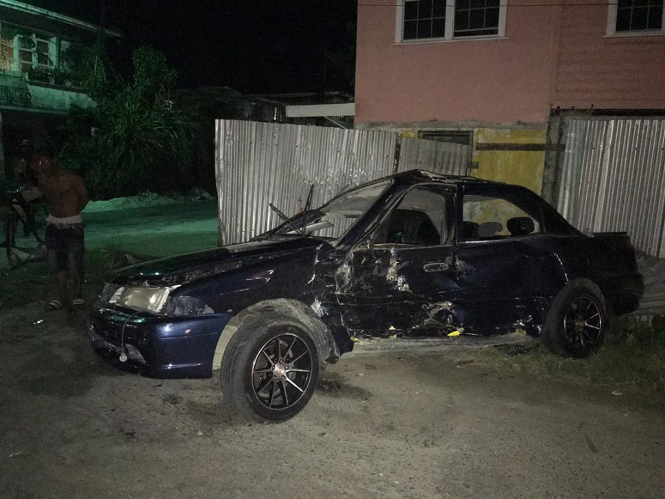 An accident at Middle Road and Hunter Street on Sunday night left this car mangled and its passengers suffering injuries. At around 9 pm, Stabroek News was told that the car was proceeding on Hunter Street when a Toyota Tacoma 4X4 crashed into it at the intersection. At the scene, broken beer bottles were removed from the 4X4 and residents said the driver of the motor car was taken into police custody while the other driver fled the scene. 