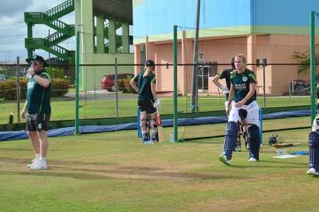 Practice time: Ireland’s women’s T20 team in the nets at the Providence Stadium yesterday as they prepare for the ICC T20 World Cup. (Orlando Charles photo)