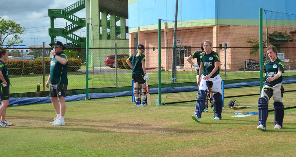 Practice time: Ireland’s women’s T20 team in the nets at the Providence Stadium yesterday as they prepare for the ICC T20 World Cup. (Orlando Charles photo)