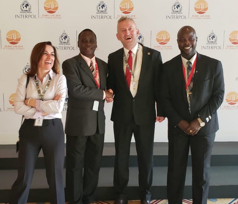 Guyana took part in the 87th General Assembly Session of the International Criminal Police Organization (INTERPOL) held from 18 to 21 November 2018 in Dubai, United Arab Emirates.
A release from the Guyana Police Force yesterday said that the  Guyana Delegation was led by the Commissioner of the Guyana Police Force, Leslie James (second from left); Deputy Crime Chief, Senior Superintendent, Michael Kingston and Troy Torrington, Director of the Multilateral and Global Affairs Department of the Ministry of Foreign Affairs. (Police photo)