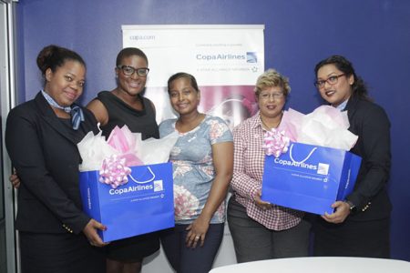  Representatives of Copa Airlines and the Guyana Cancer Foundation at the presentation ceremony. From left are Agent Eutinde Allen, CEO of Scotch Bonnet Samantha Gooden, Sales Manager Nadine Oudkerk, President/Founder of the Guyana Cancer Foundation Bibi Hassan and Agent Karen Mohamed-Dias. (Copa Airlines photo)

