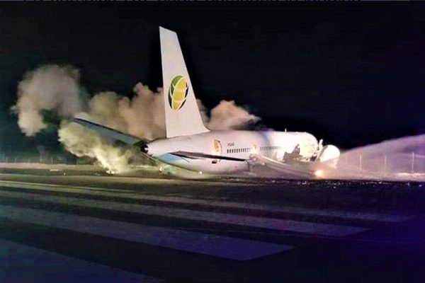 The crashed Fly Jamaica aircraft on the runway at the Cheddi Jagan International Airport