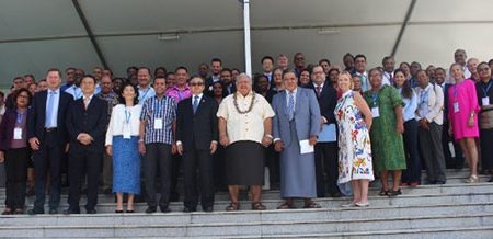 A ‘Family Photo’ of delegates at the Inter-Regional Preparatory Meeting for the Midterm Review of the SAMOA Pathway which was held in Apia, Samoa from 30 October – 1 November 2018.