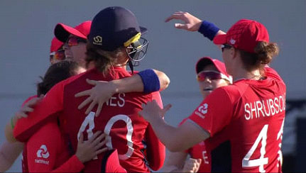 England celebrate another wicket during their seven-wicket victory over South Africa on Friday.