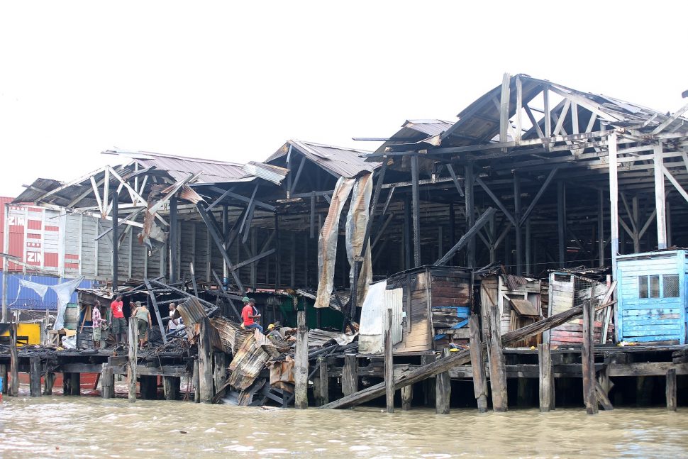 The burnt section of the Stabroek Market wharf today (Terrence Thompson photo)