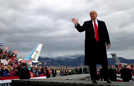 U.S. President Donald Trump arrives to attend a campaign rally for Republican U.S. Senate candidate Matt Rosendale at the Bozeman Yellowstone International Airport in Belgrade, Montana, U.S., November 3, 2018. REUTERS/Carlos Barria