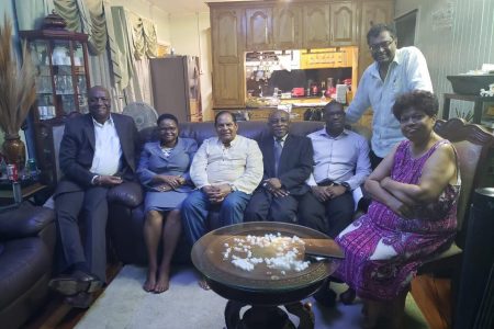 APNU+AFC coalition leaders meeting yesterday. From left are:  APNU General Secretary Joseph Harmon, PNCR Chairman Volda Lawrence, Prime Minister and AFC elder statesman Moses Nagamootoo, Vice President and Minister of Foreign Affairs Carl Greenidge, AFC executive member, David Patterson, AFC Chairman Khemraj Ramjattan and PNCR General Secretary, Amna Ally. (APNU+AFC photo)