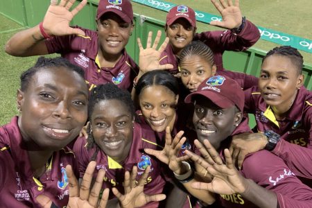 The victorious West Indies women celebrating last night