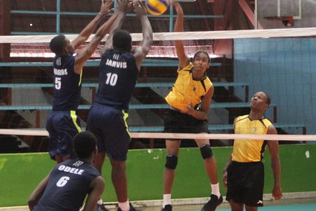 Action in the Demerara ‘B’ division volleyball tournament between Vanguard and  Glasgow Rangers yesterday at the National Gymnasium (Royston Alkins photo)
