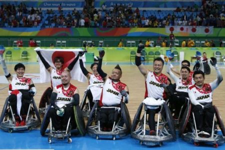 2016 Rio Paralympics - Wheelchair Rugby - Final - Mixed Team Bronze Medal Final - Japan v Canada - Carioca Arena 1 - Rio de Janeiro, Brazil - 18/09/2016. Players of Japan celebrate winning bronze medals. (Reuters photo)