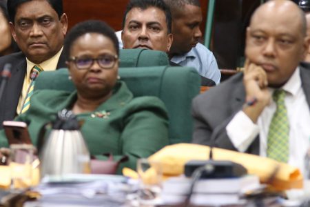 Charrandas Persaud (left in back row) just after he had made his shock vote in favour of the PPP/C’s motion of no confidence. In front row from right are AFC Leader and Minister of Natural Resources Raphael Trotman and PNCR Chairman and Minister of Public Health Volda Lawrence. (Terrence Thompson photo)