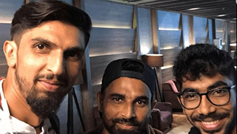 Ishant Sharma (left) clicks a selfie with Mohammed Shami (centre) and Jasprit Bumrah. (Source: Twitter)
