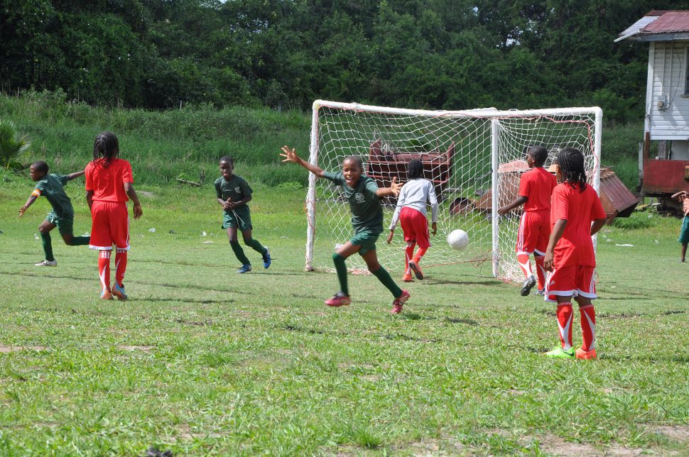 Comeback and victory sealed! Captain Omar Sam of Timehri Panthers (left) racing off to celebrate after scoring the winner against previously undefeated Agricola Red Triangle at the Diamond Community Centre ground.
