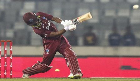 Shai Hope goes on the attack during his unbeaten 146 in the second ODI against Bangladesh on Tuesday. 